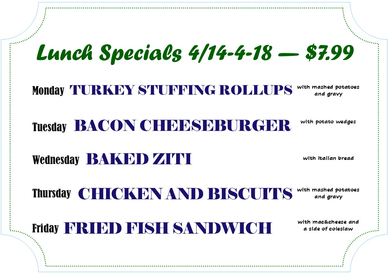 Monday - Turkey Stuffing Roll Ups 
Tuesday - Bacon Cheeseburger
Wednesday - Baked Ziti
Thursday - Chicken and Biscuits
Friday - Fried Fish Sandwich